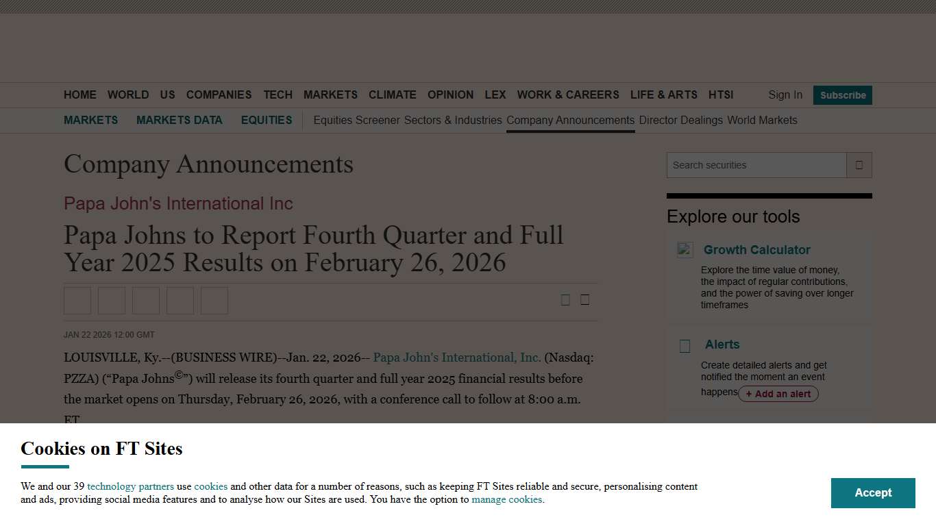 Papa Johns to Report Fourth Quarter and Full Year 2025 Results on February 26, 2026 – Company Announcement - FT.com